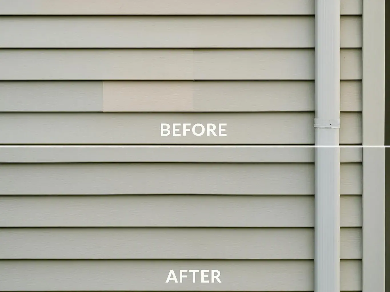 A side-by-side before and after view shows painted house siding with a downspout on the right