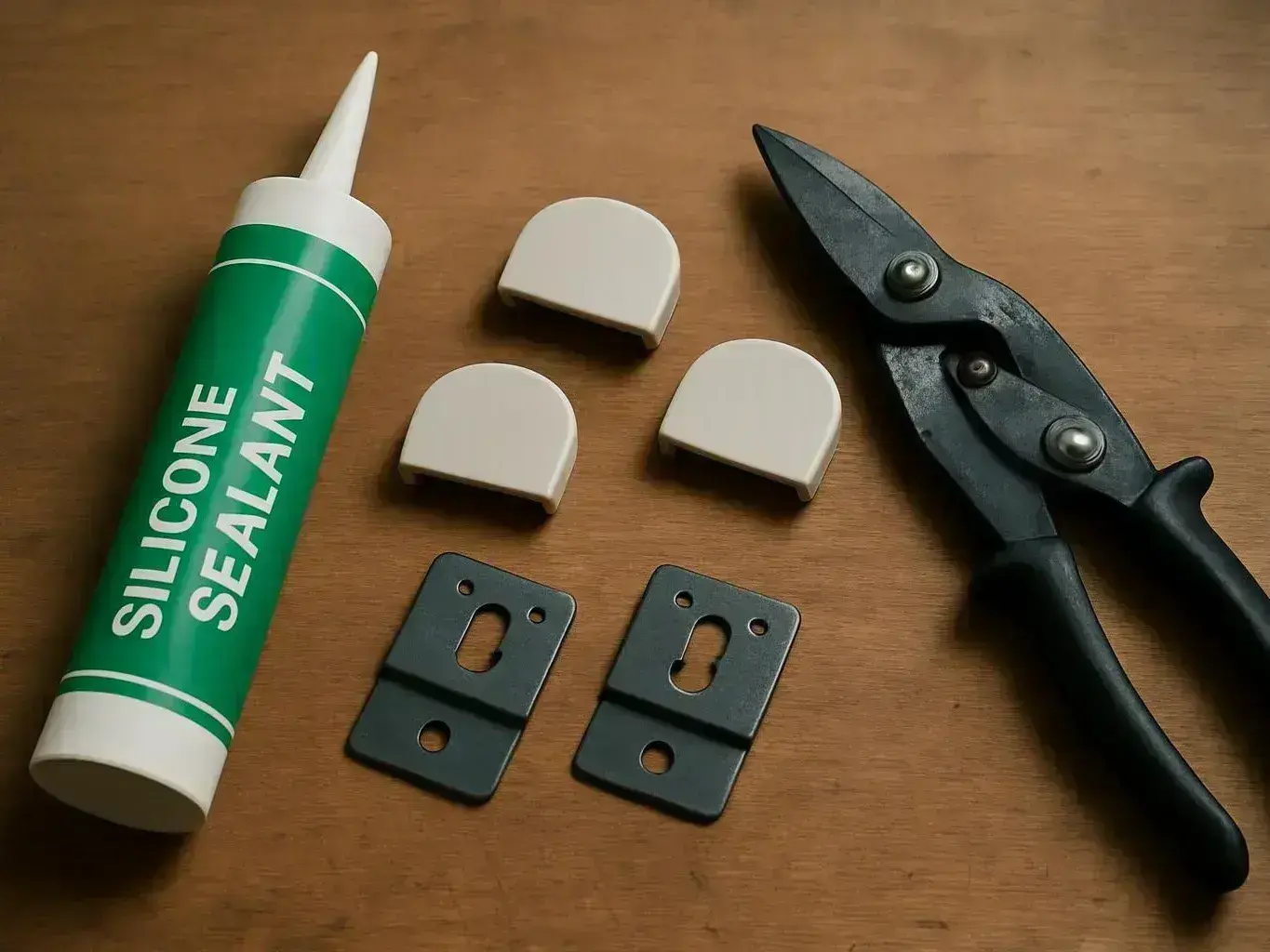 Silicone sealant, metal brackets, white plastic caps, and black shears lie arranged on a wooden surface