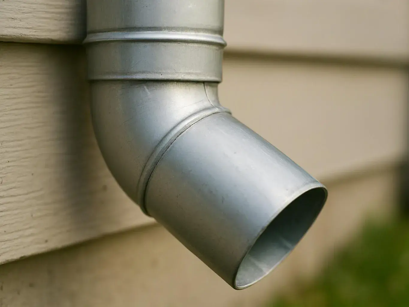 A silver metal downspout elbow extends from beige house siding and points outward toward the viewer