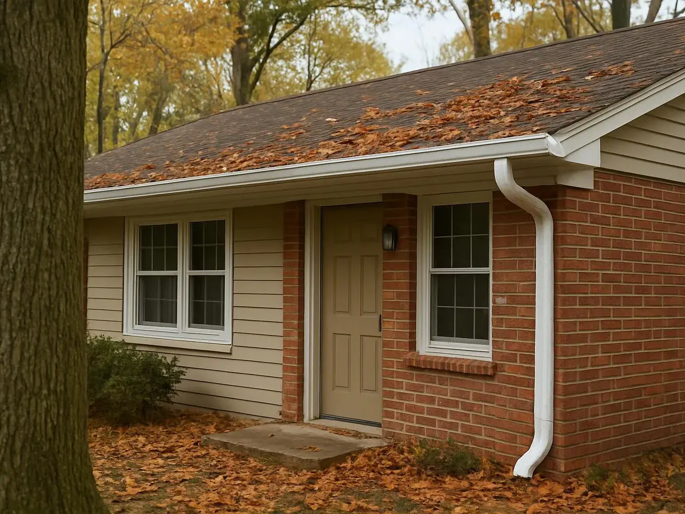 A small house with a leaf-covered roof sits among autumn trees and fallen leaves