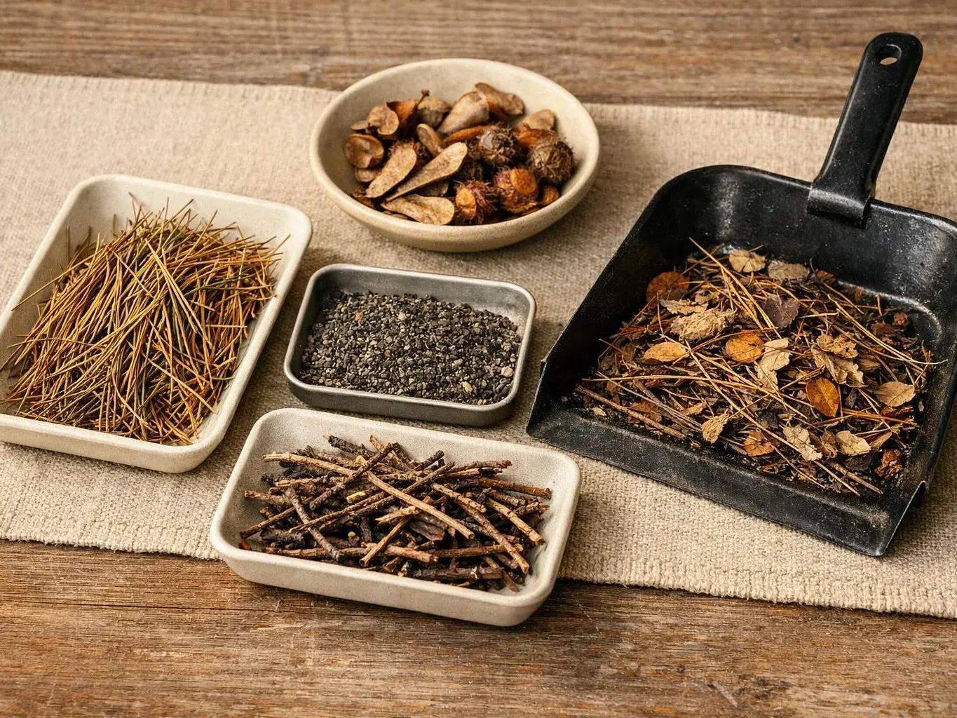 Small trays and a dustpan hold pine needles, twigs, leaves, and bark on a wooden table