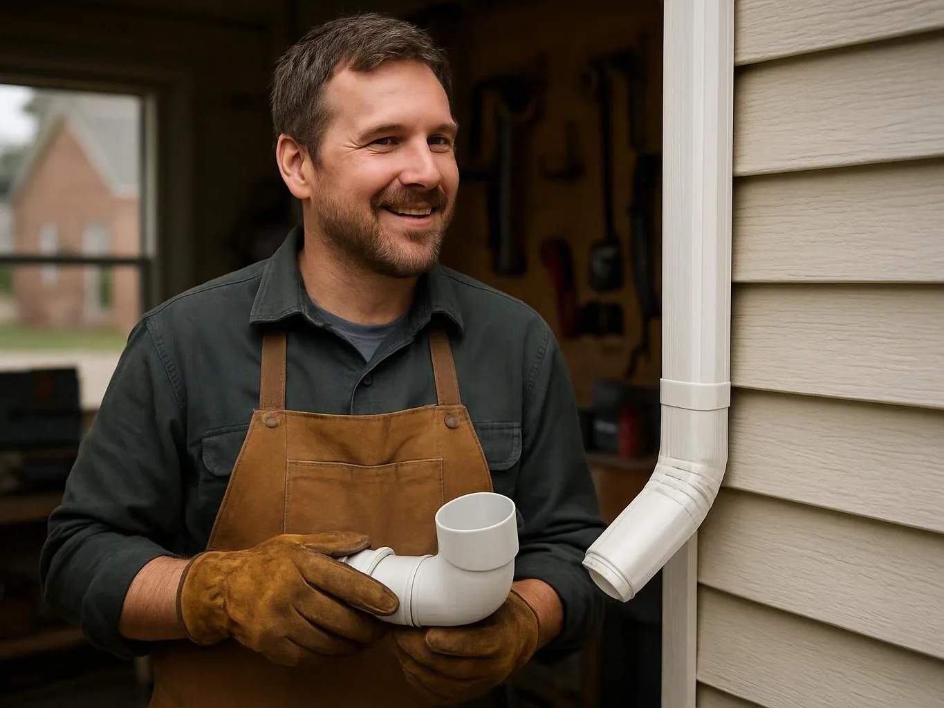 A smiling man in work gloves holds a white PVC pipe fitting beside a house wall and gutter downspout