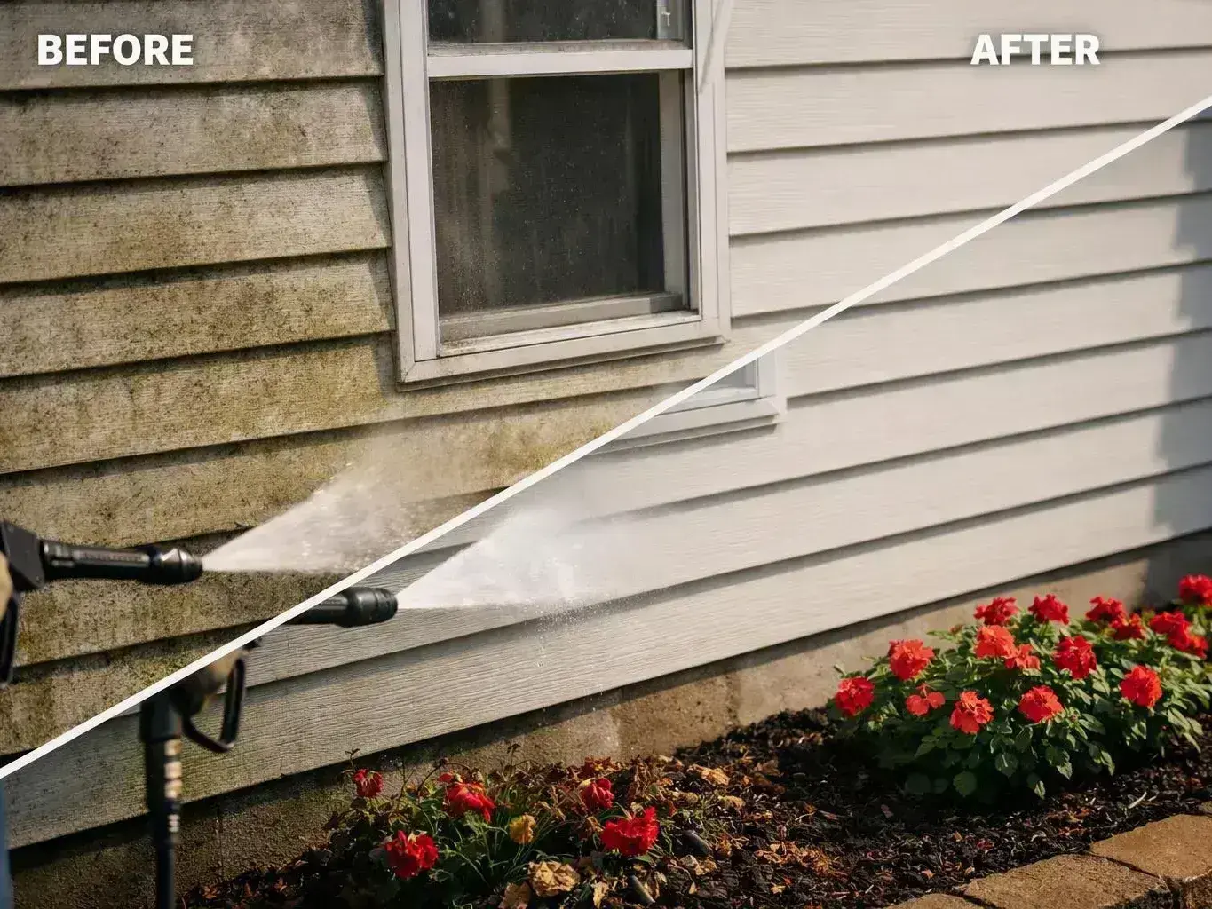 A split before-and-after shows a house wall being pressure washed