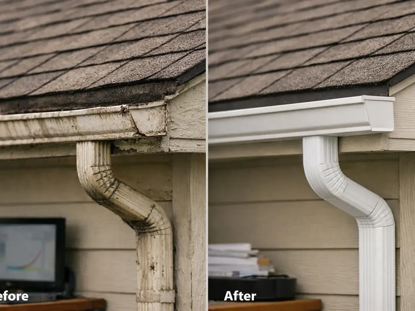 Split before-and-after view of a house roof gutter, showing a dirty old downspout beside a clean white replacement