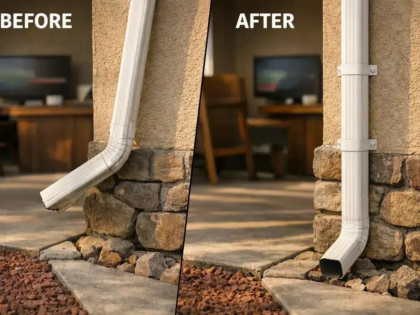 Split before-and-after view shows a damaged downspout fixed beside a stone wall on a patio