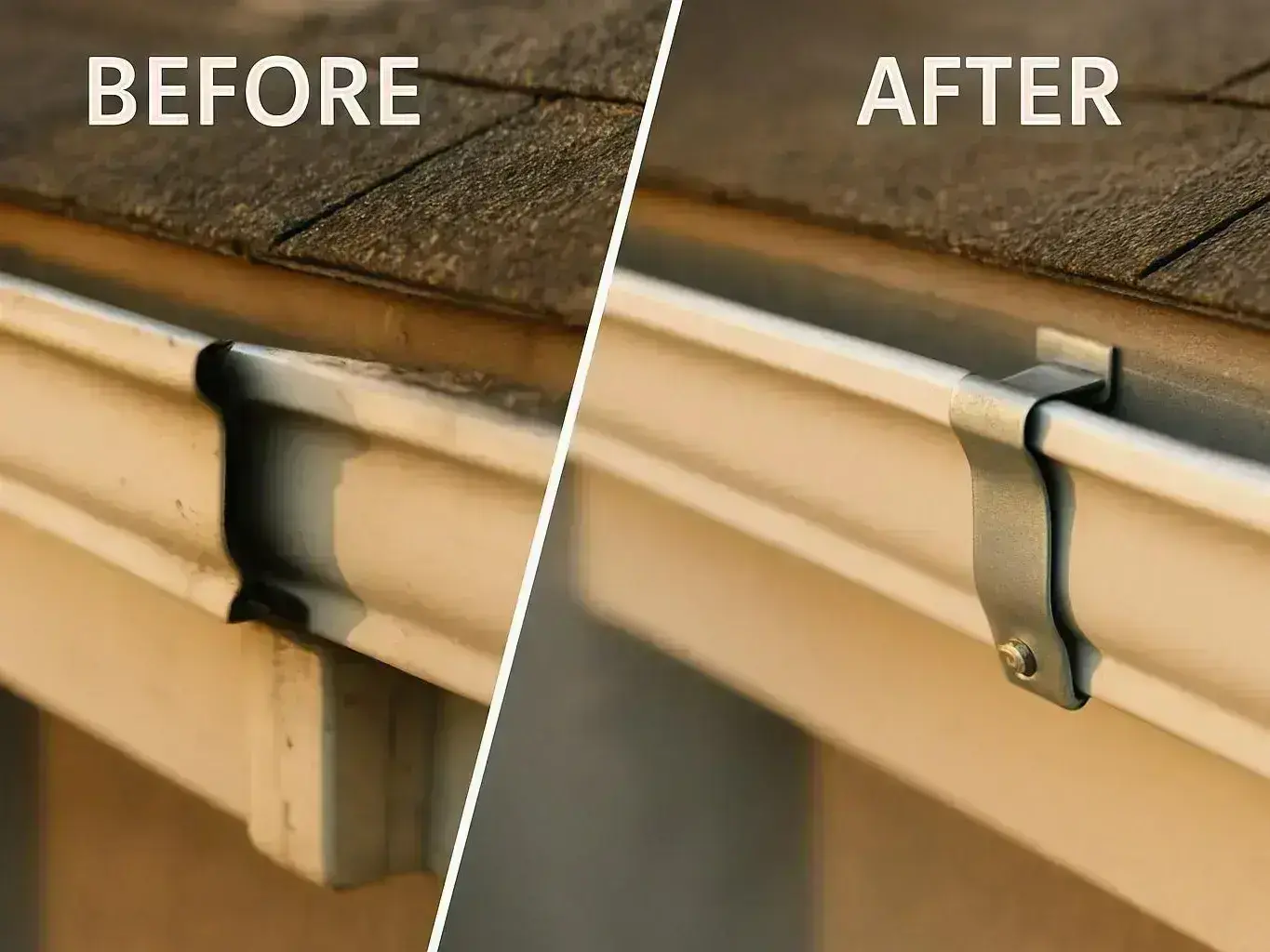 Split before-and-after view shows a roof gutter clamp on a house eave, with the left side loose and the right side secured