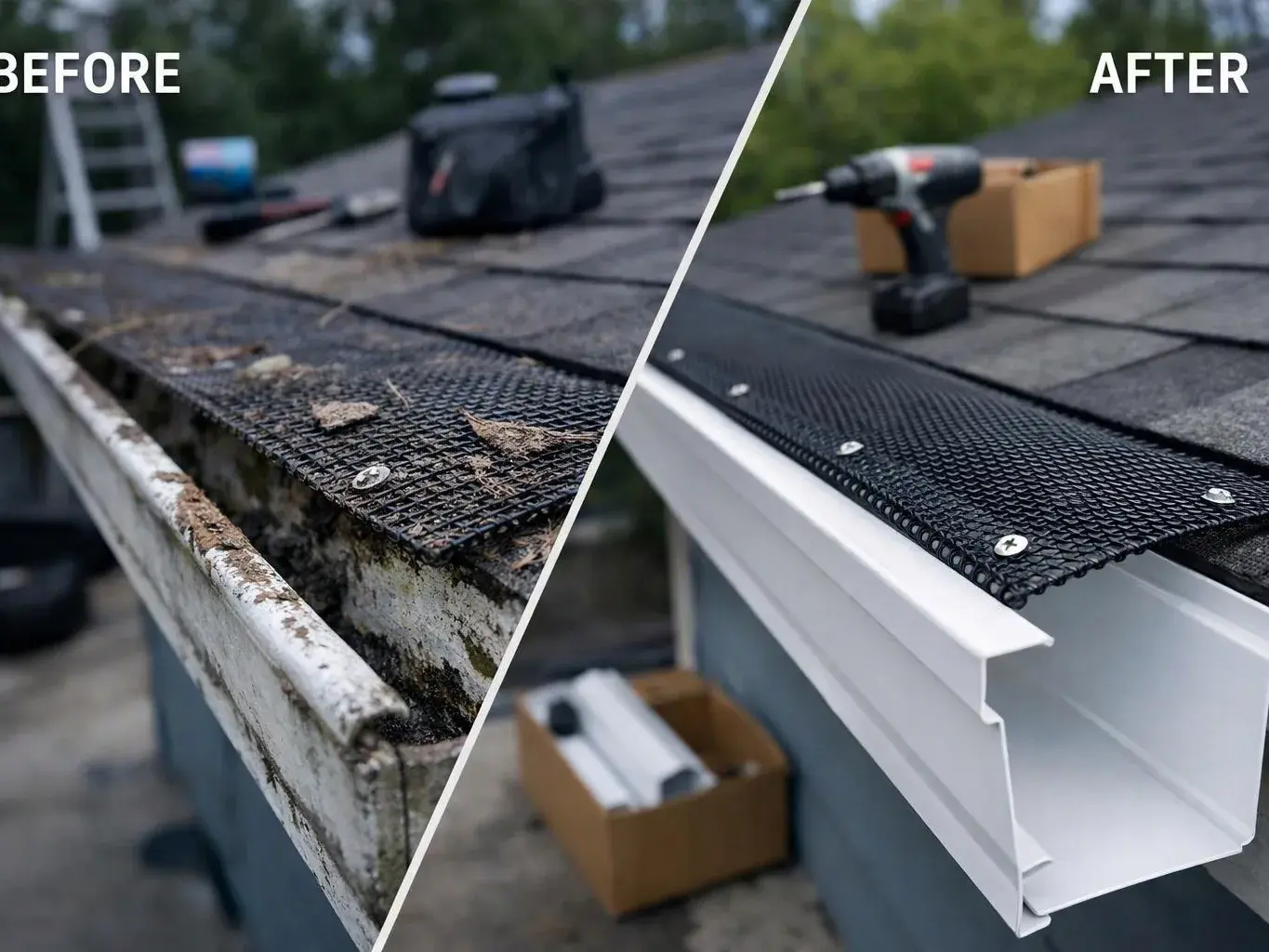 Split image showing a dirty old gutter on the left and a cleaned new gutter with tools on the right