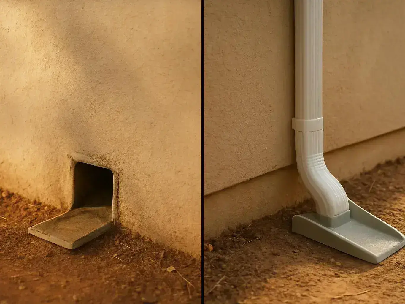 Split image showing a wall drain opening on the left and a downspout extension on the right