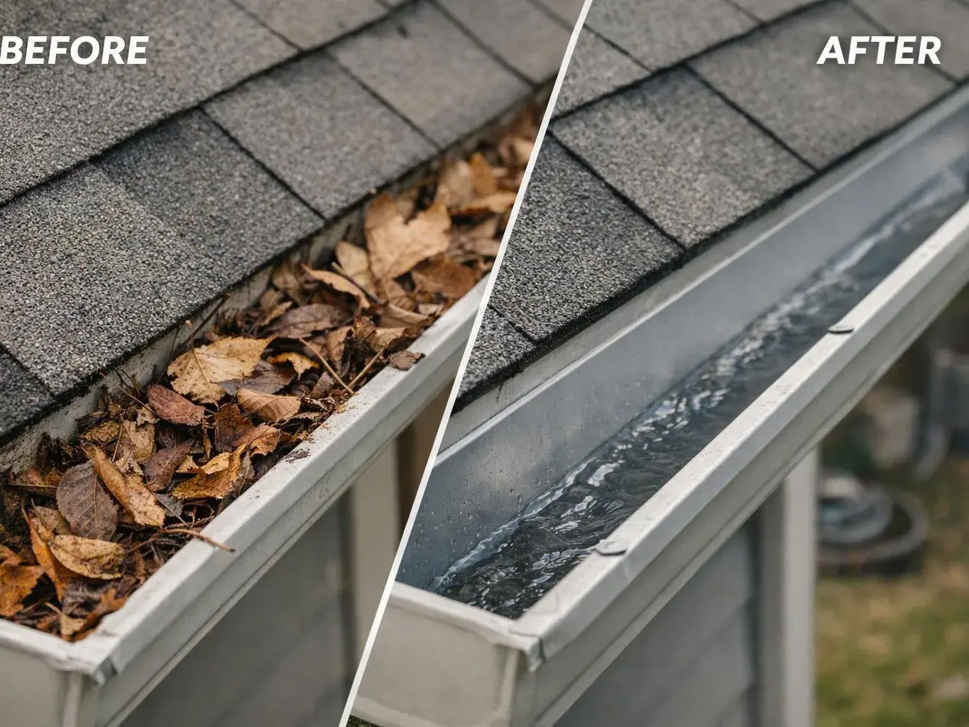 Split image shows a clogged gutter full of leaves on the left and flowing water in a clean gutter on the right