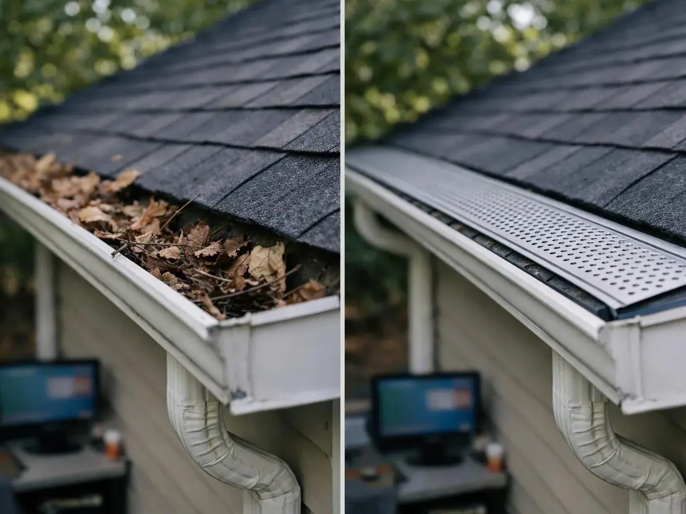 Split image shows clogged gutter full of leaves beside a cleaned roof gutter with a metal guard