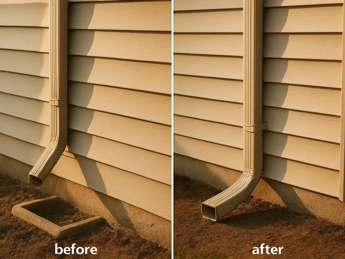 Split image shows a gutter downspout before and after