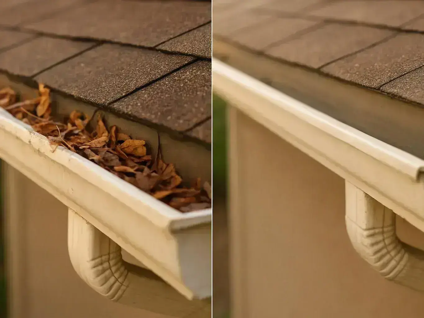 Split image shows a gutter filled with leaves beside the same gutter cleaned out under roof shingles