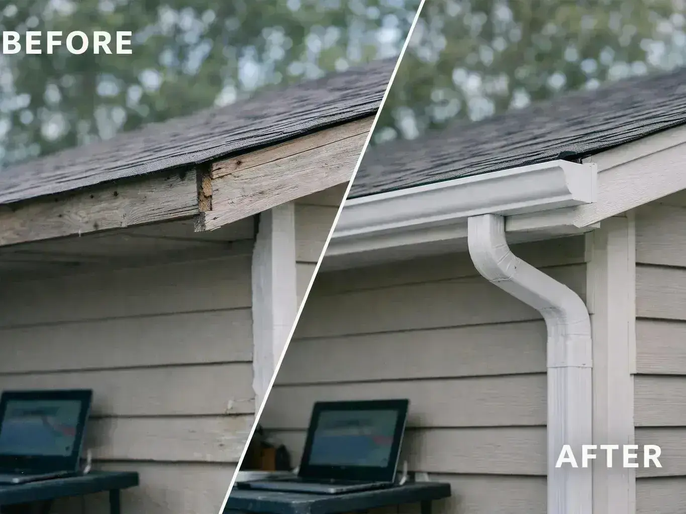 Split image shows a roof edge before repair with damaged wood, and after repair with a white gutter and downspout