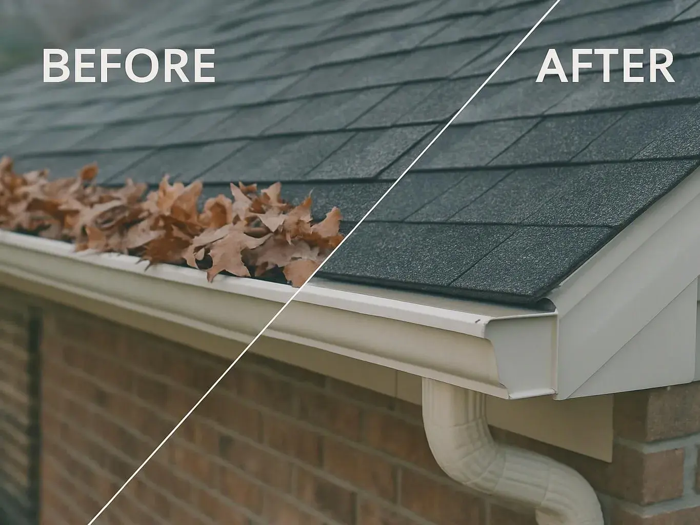 Split image shows a roof gutter before with leaves and after with a clean gutter and downspout