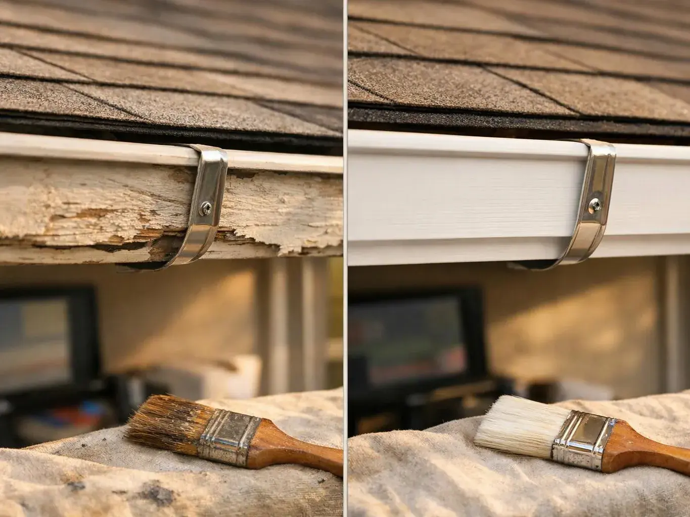 Split image shows a weathered gutter being painted white beside a brush on a covered work surface
