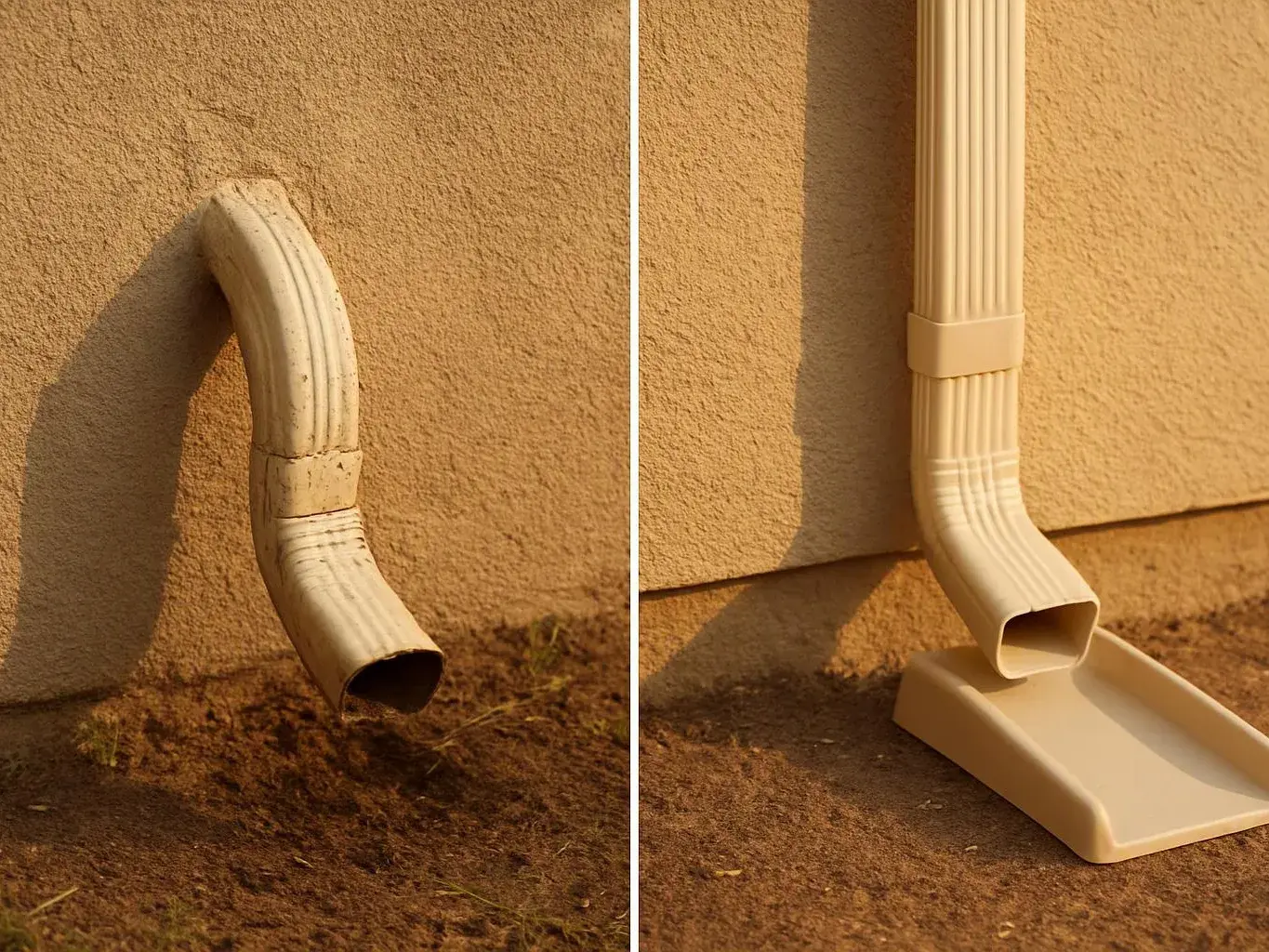 Split view of a downspout, one damaged and hanging loose, the other draining into a beige splash block beside a wall