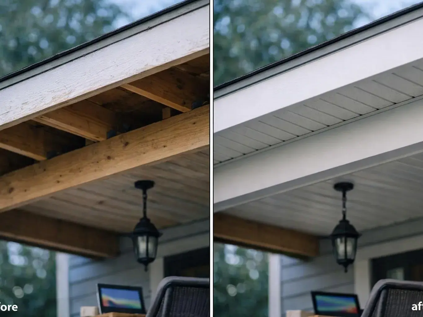 Split view of a porch roof showing exposed wood framing on the left and finished white soffit on the right