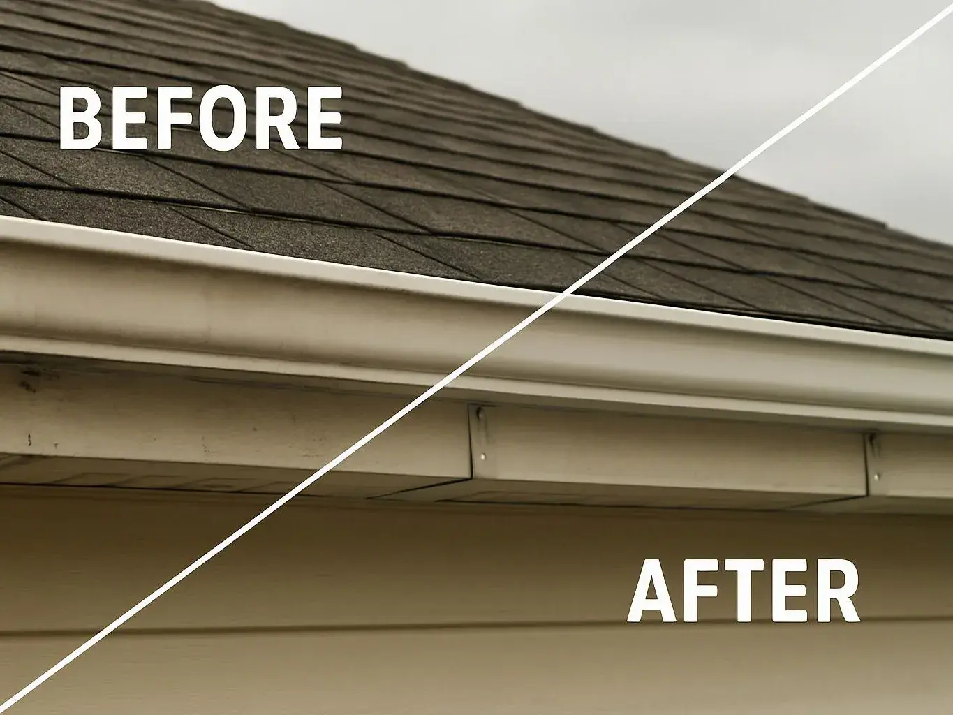 Split view of a roof edge and gutter, showing dark shingles before and a cleaner beige eave after