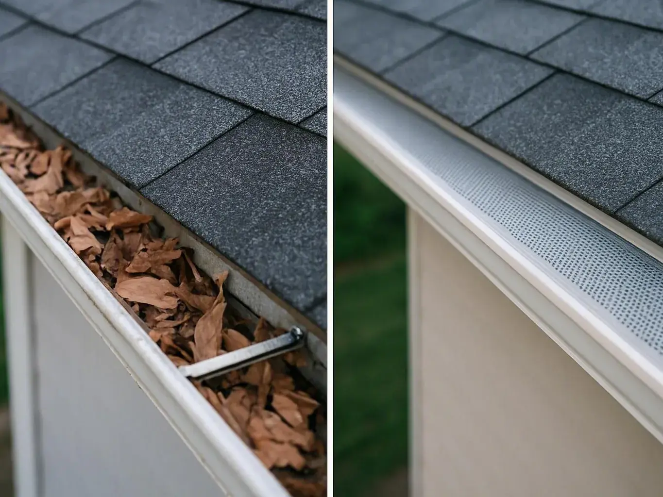 Split view shows clogged roof gutters filled with leaves beside a clean gutter guard on shingles