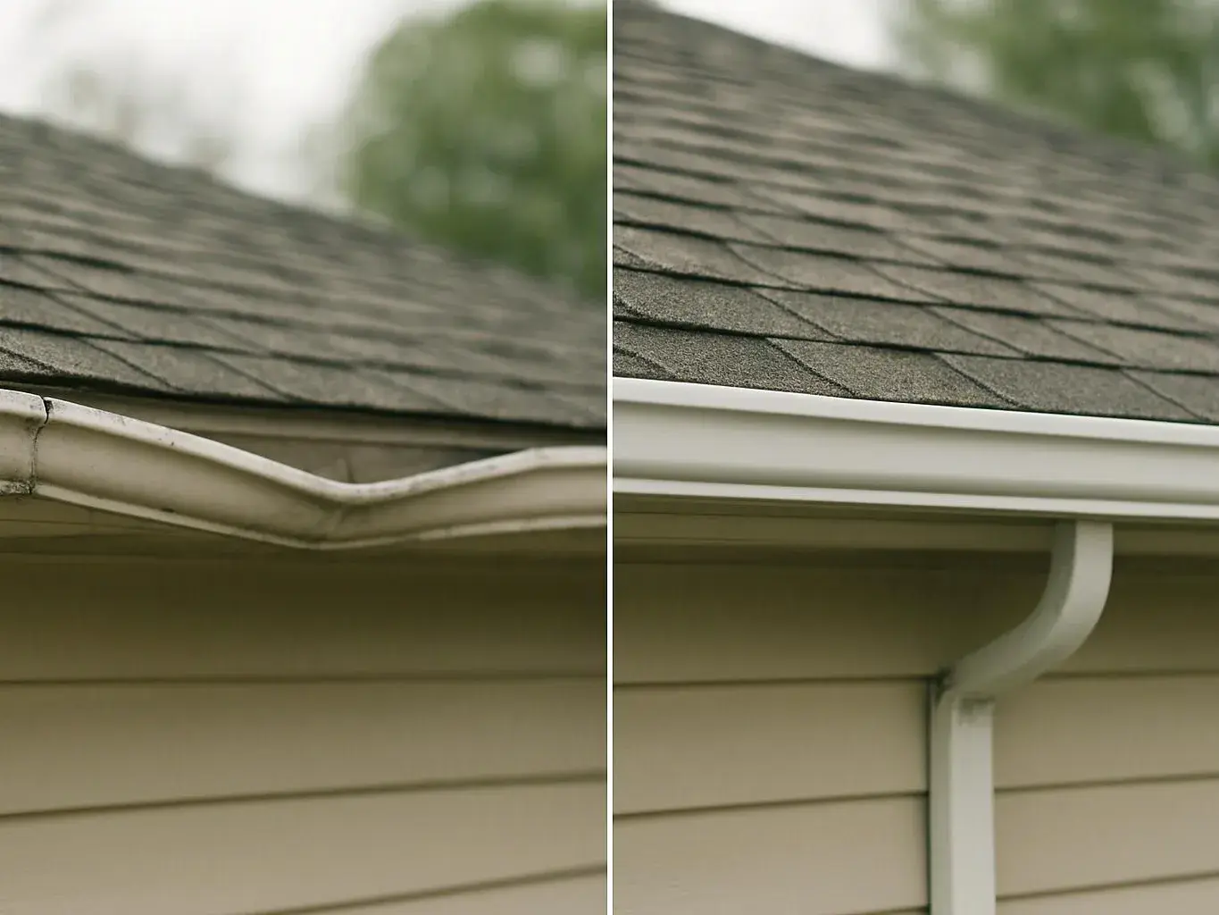 Split view shows a damaged gutter beside a roof on the left and a repaired white gutter on the right