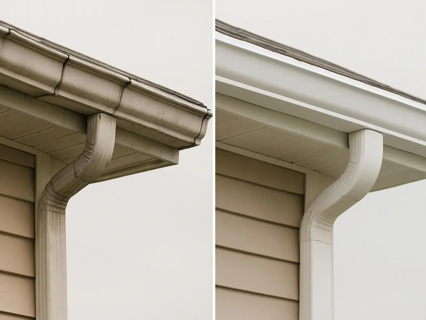 Split view shows a dirty rain gutter on the left and a clean white gutter on the right