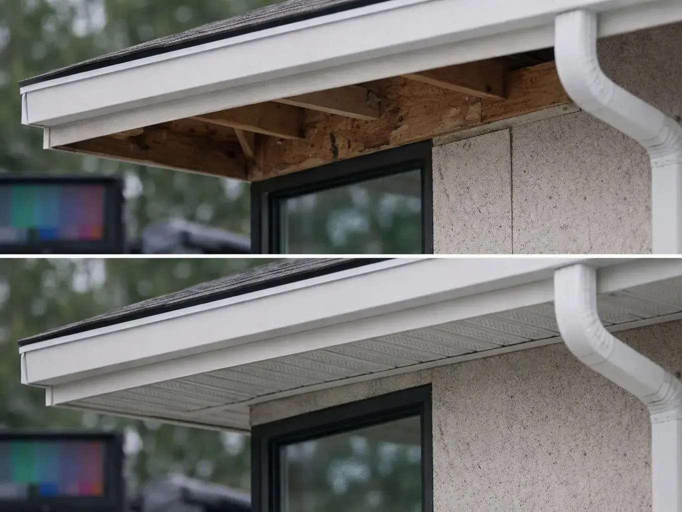 A split view shows a house roof edge before and after soffit panels are installed