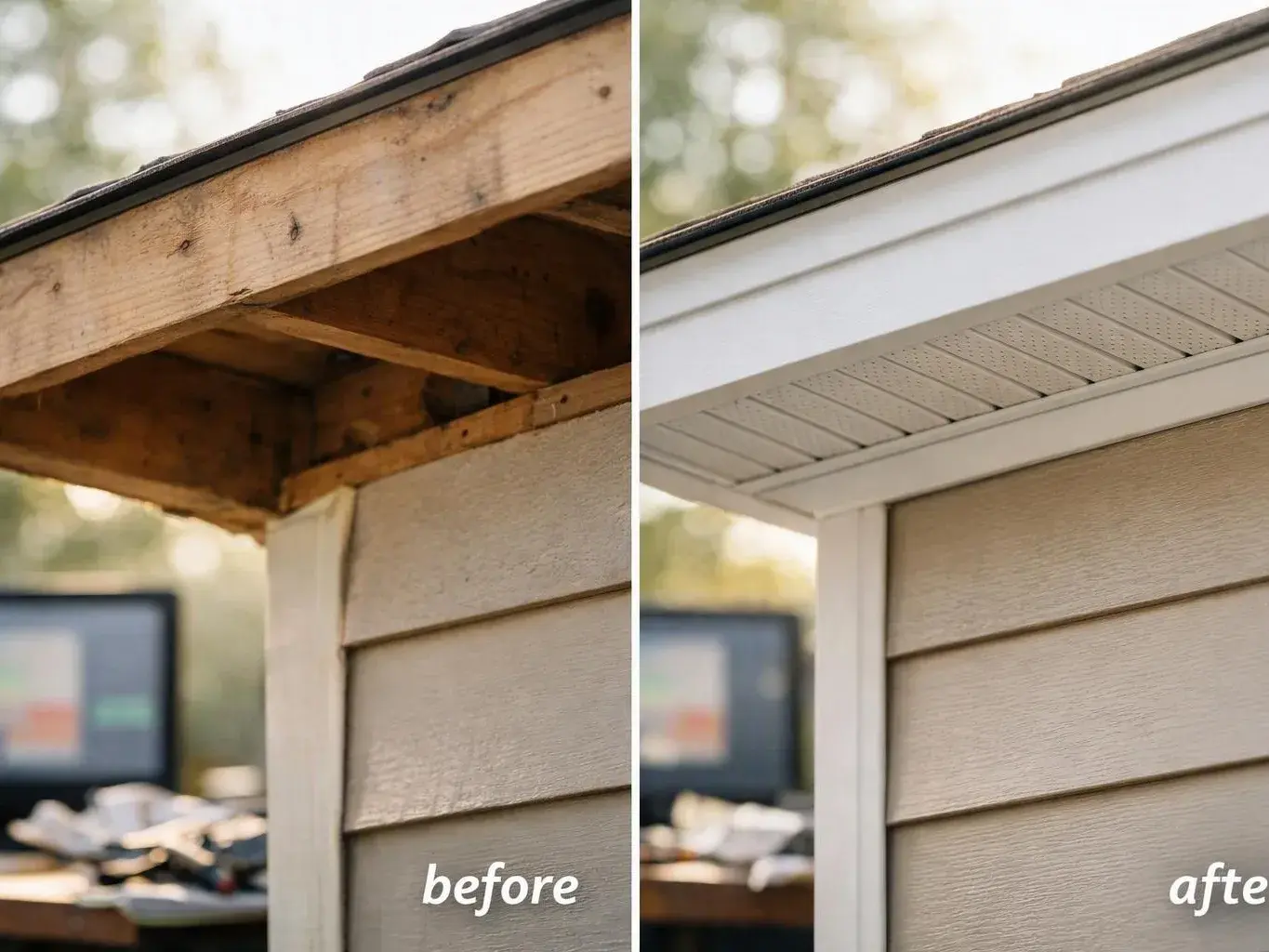 Split view shows a roof corner before and after repair, with exposed wood on the left and finished trim on the right