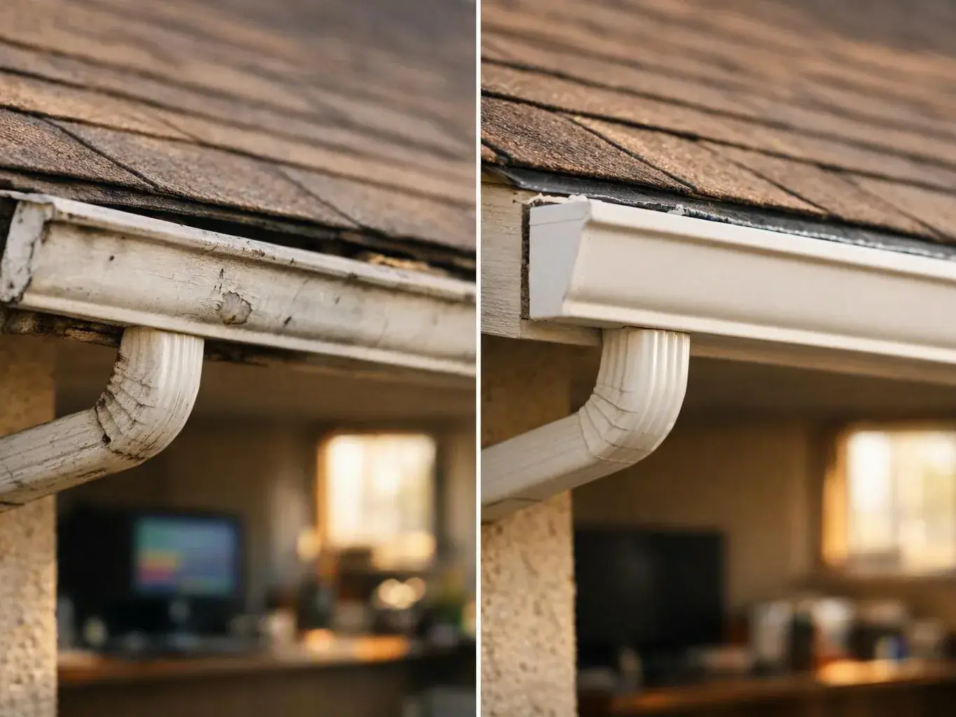 Split view shows a worn and a cleaned rain gutter under a shingled roof, with the house blurred behind it