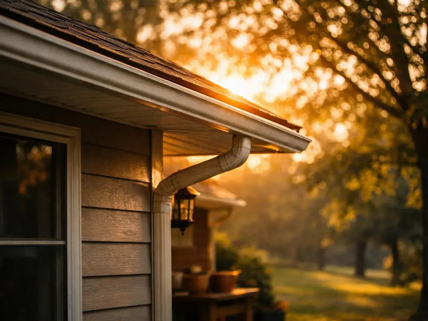 Sunlight glows behind a house roof, with a gutter, window, and blurred trees in the yard