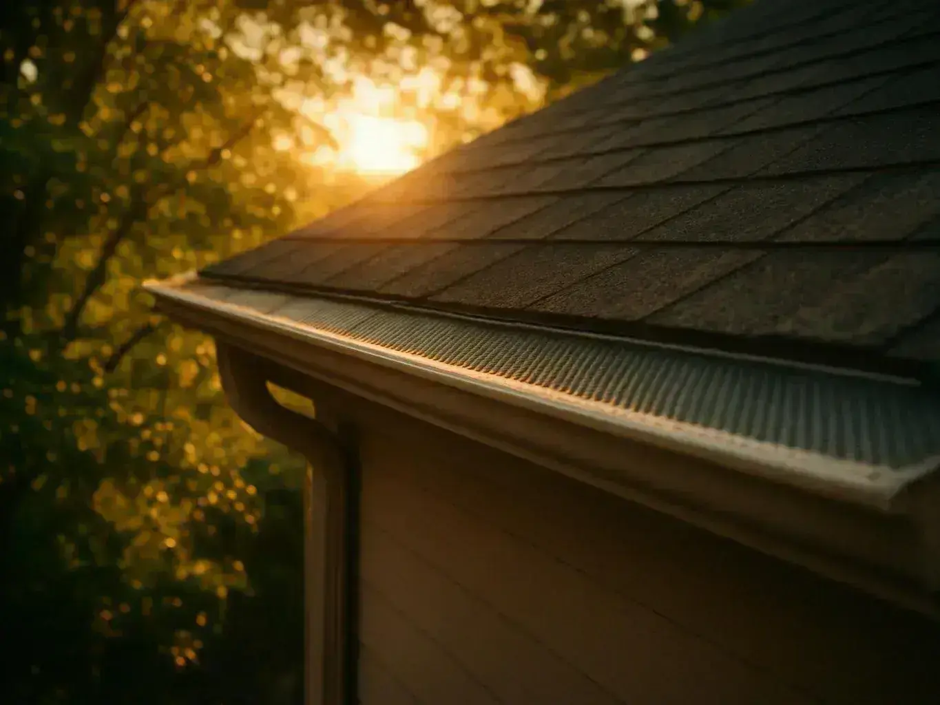 Sunlight glows behind a house roof, with shingles, gutter, and blurred trees in the background