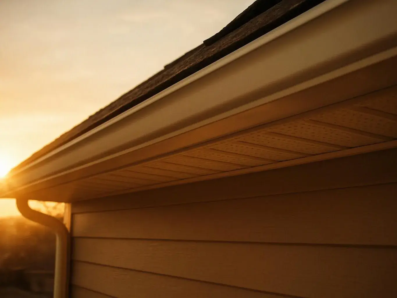 Sunlight glows beside a house roof, gutter, and siding at sunset