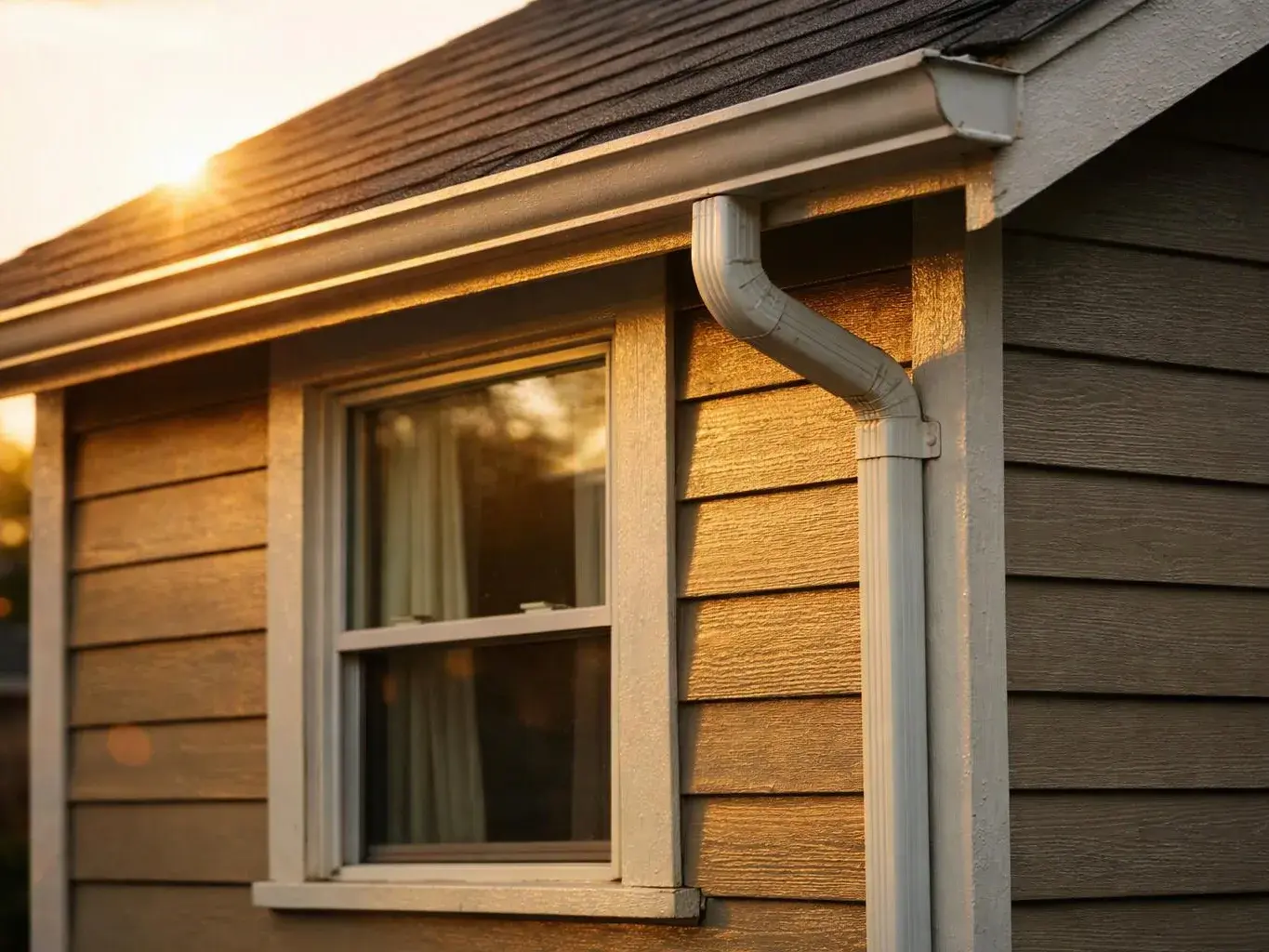 Sunlight glows on a house wall, a window, and a white gutter under the roofline