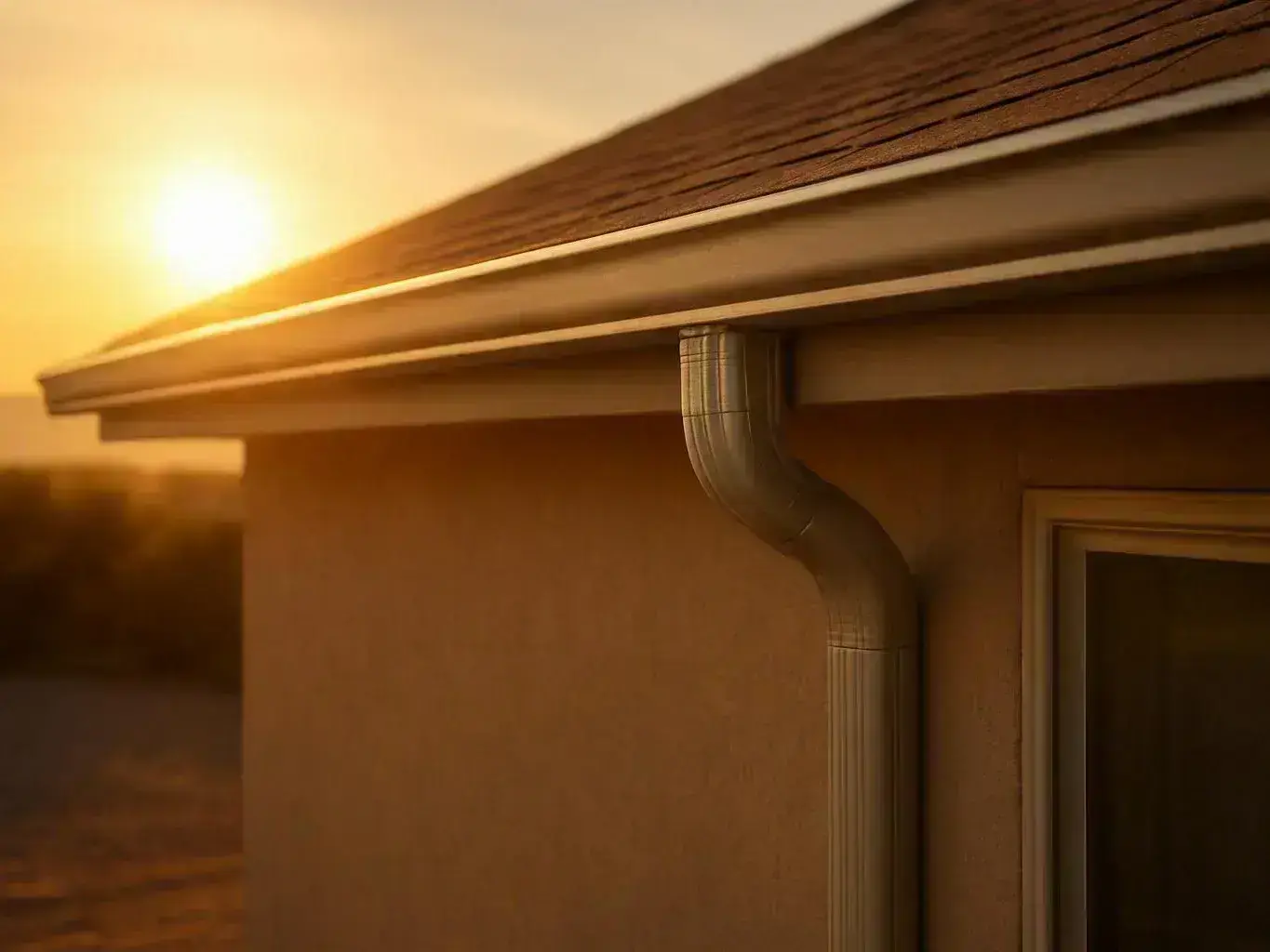 Sunlight glows over a house roof, with a gutter downspout beside a window at sunset