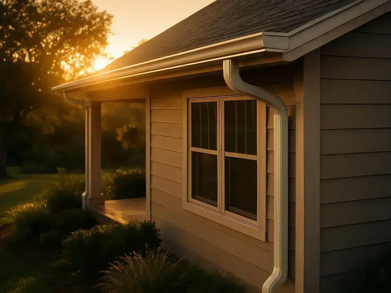 Sunlight glows over a house roof, gutter, and window beside a shaded porch and yard
