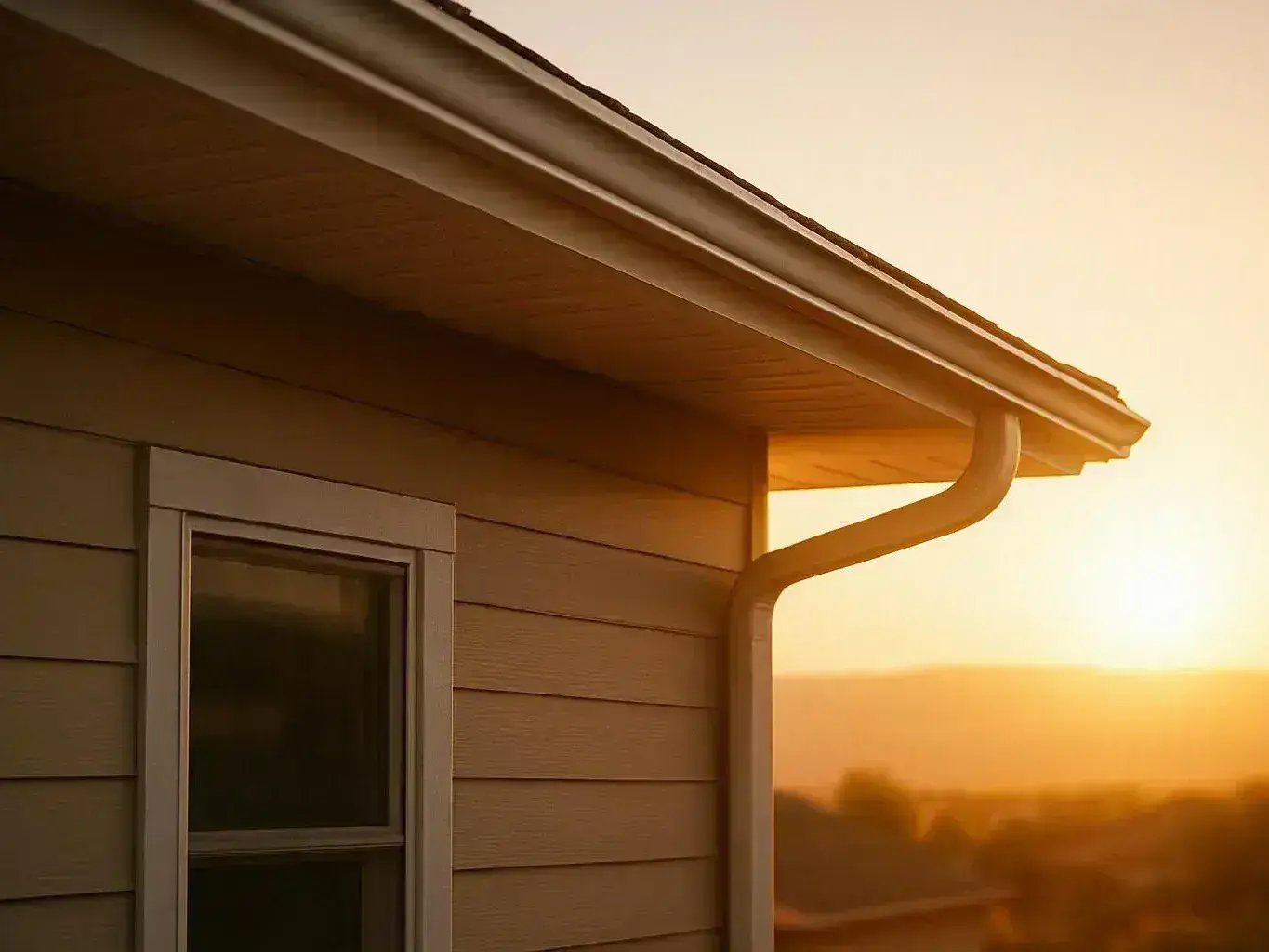 Sunlight hits a house corner with beige siding, a window, roof eaves, and a curved gutter at sunset