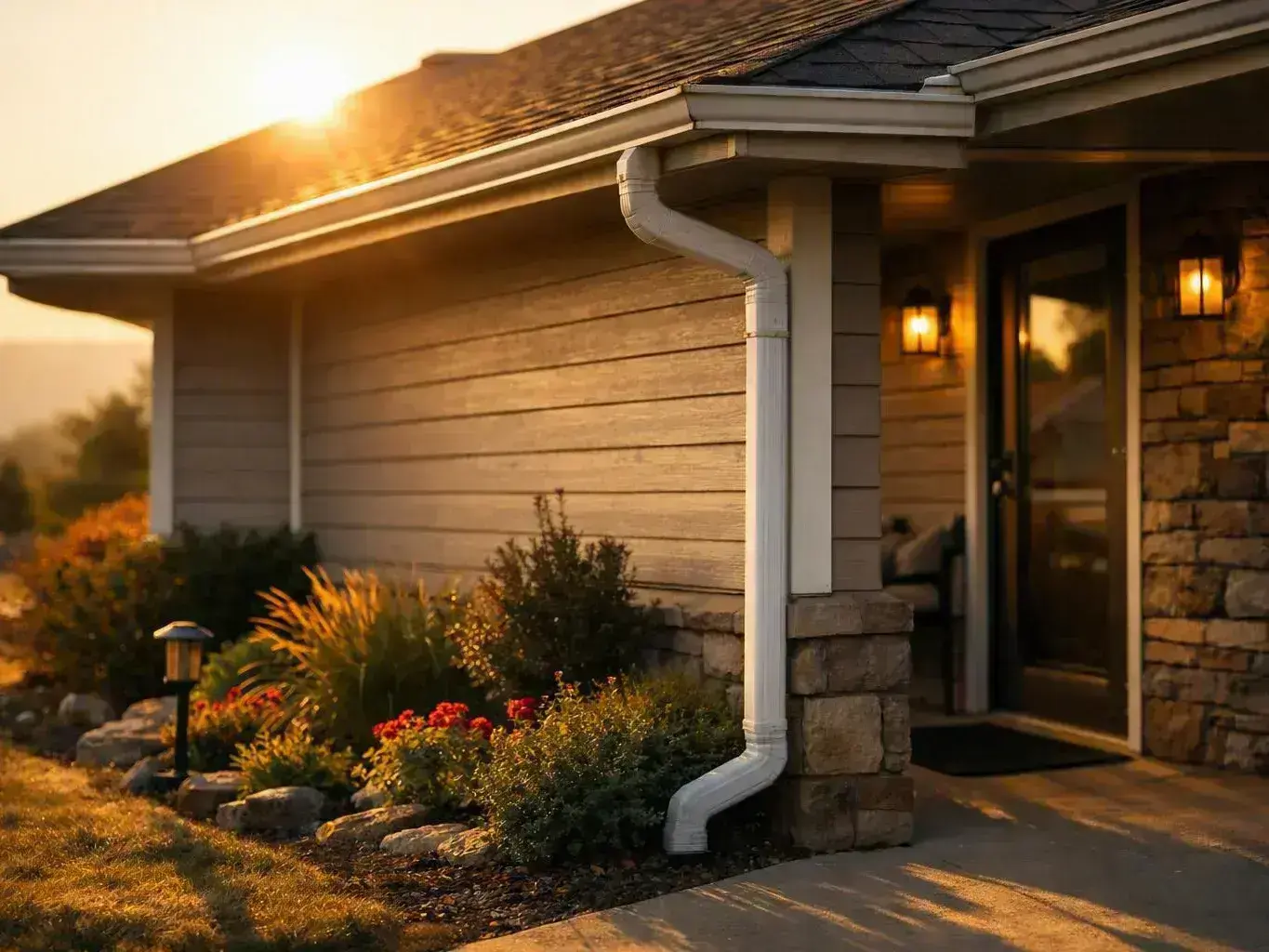 Sunlight hits a house exterior with a front door, gutter downspout, and flower bed beside the walkway