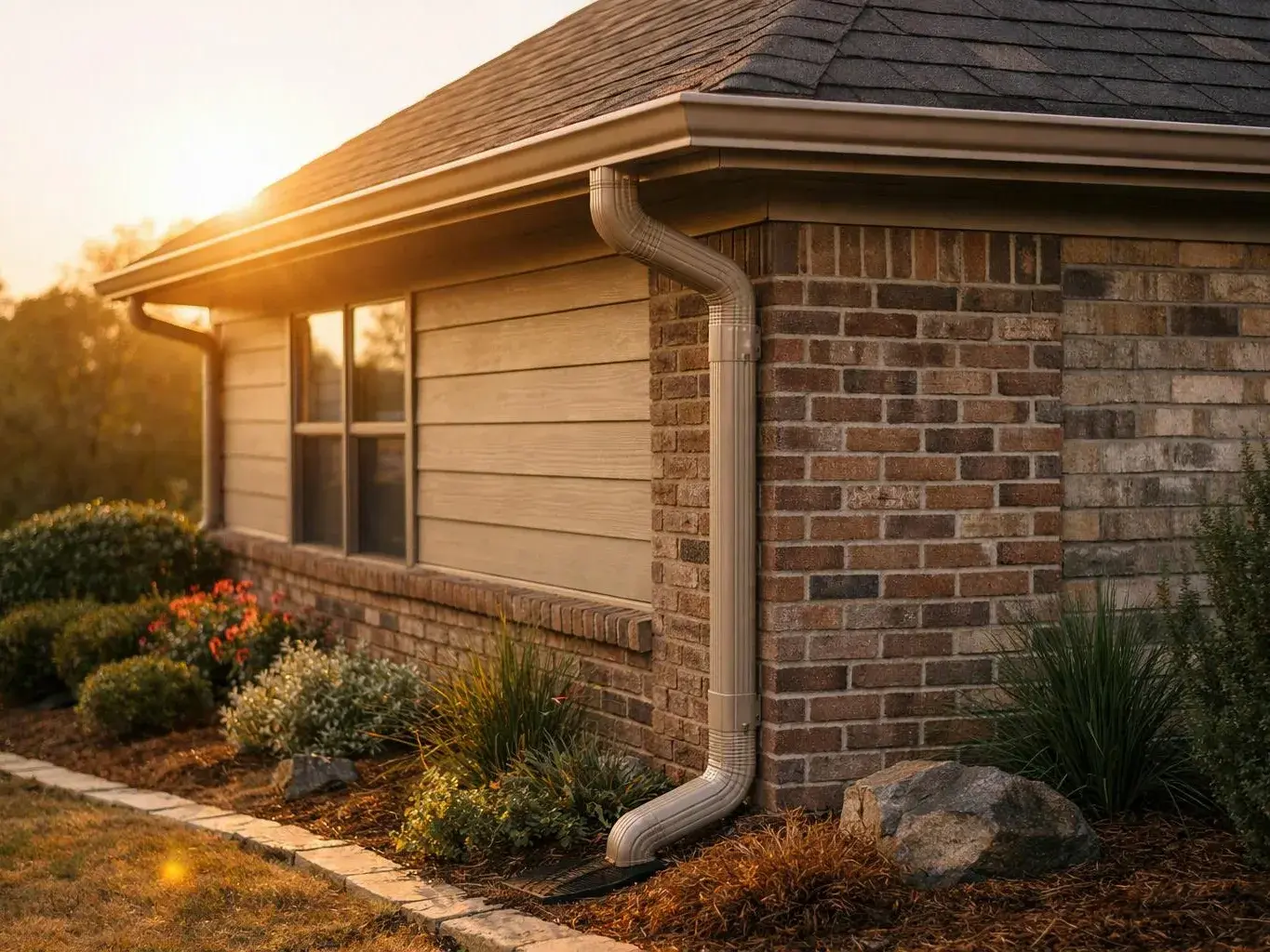 Sunlit brick house exterior with a gutter downspout, windows, and landscaped shrubs along the wall