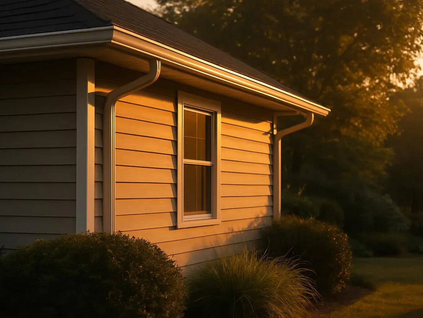 A sunlit house exterior shows beige siding, a single window, gutters, and trimmed bushes at dusk