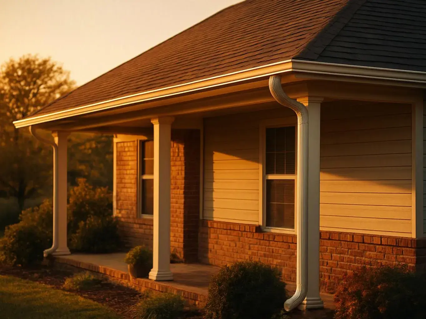 A sunlit house porch with white columns, brick walls, windows, and a sloped shingled roof