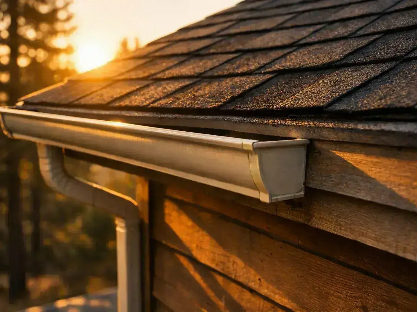 A sunlit house roof and gutter sit beside a window with warm evening light highlighting the shingles and wood siding
