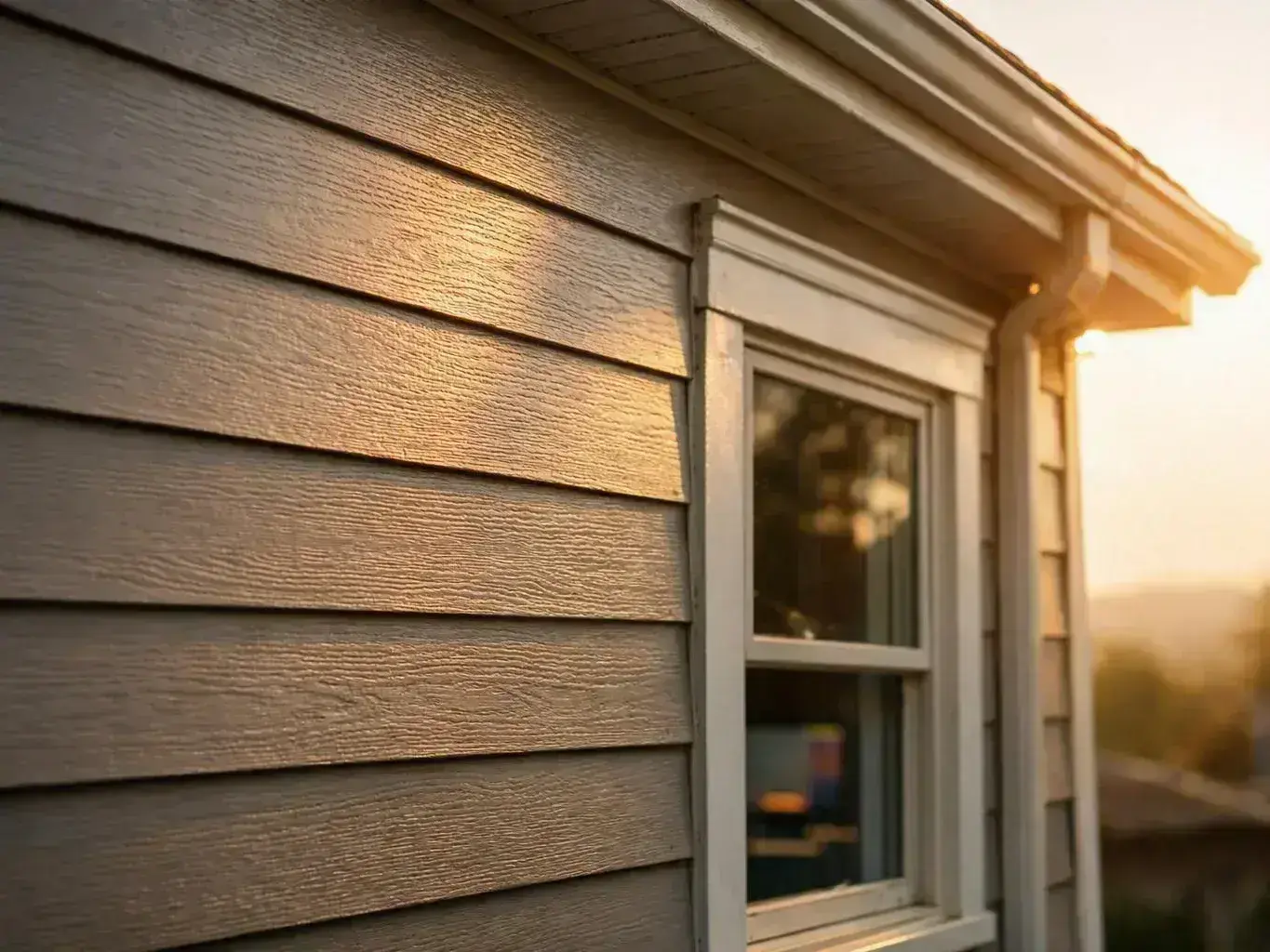 Sunlit house siding and a window frame fill the view at golden hour