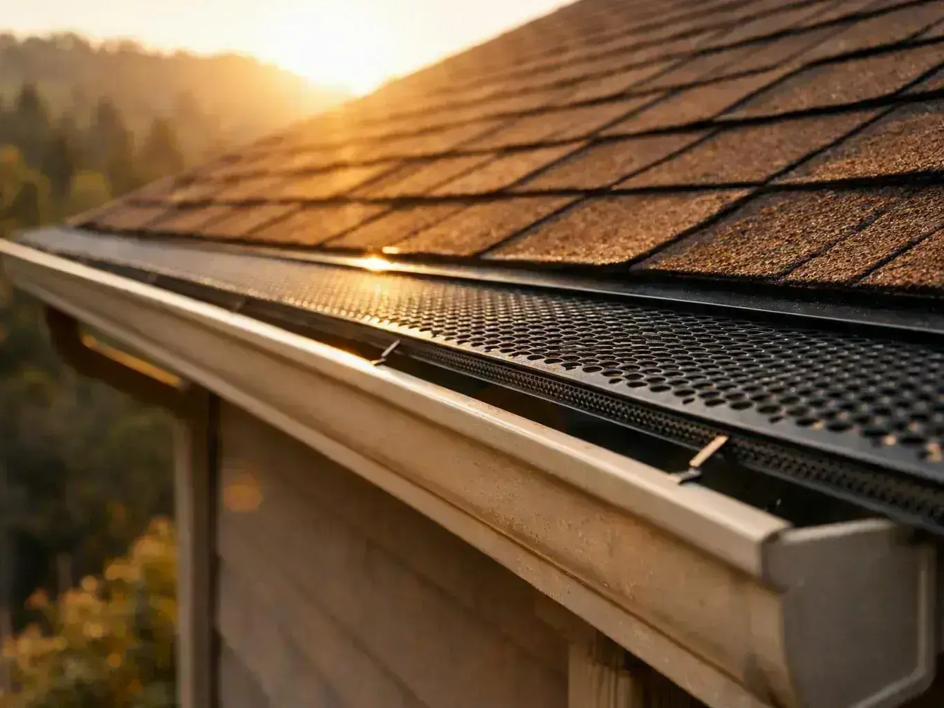 Sunlit roof shingles and a metal gutter guard line the edge of a house roof