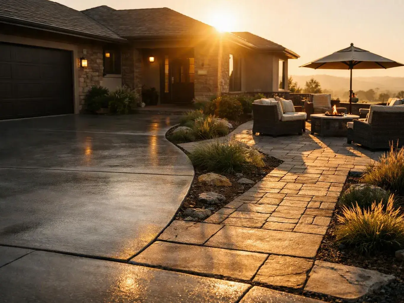 Sunlit stone patio with outdoor chairs, a fire pit, and an umbrella beside a house and driveway