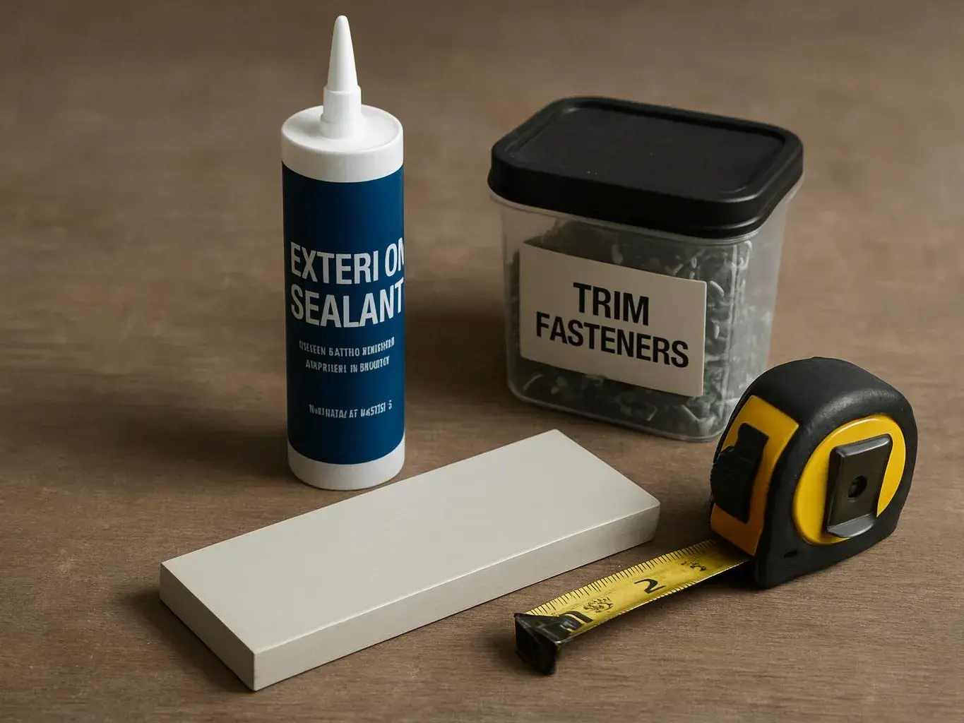 A tape measure, sealant tube, fastener container, and white trim piece sit on a wooden surface