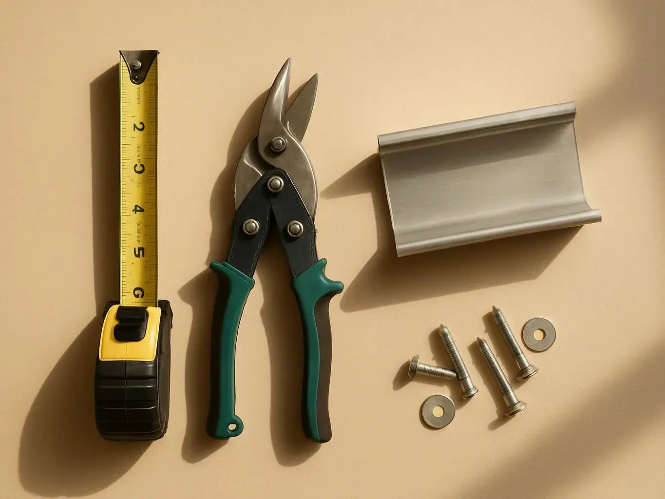 A tape measure, tin snips, metal trim, screws, and washers lie on a beige surface in warm light