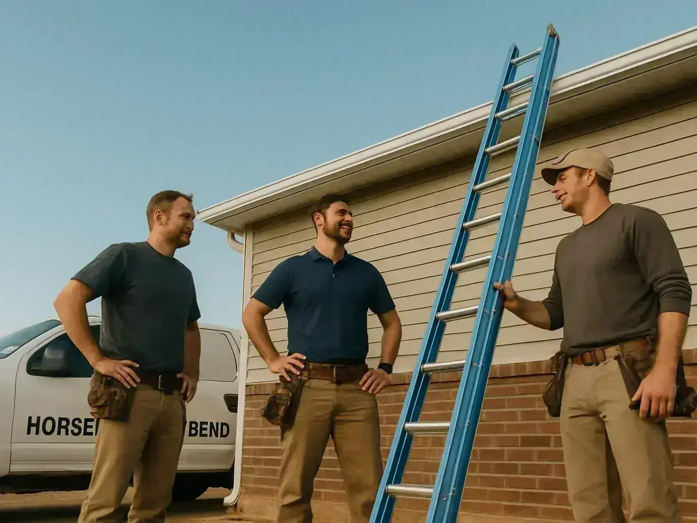 Three men stand by a blue ladder beside a house, talking in the driveway