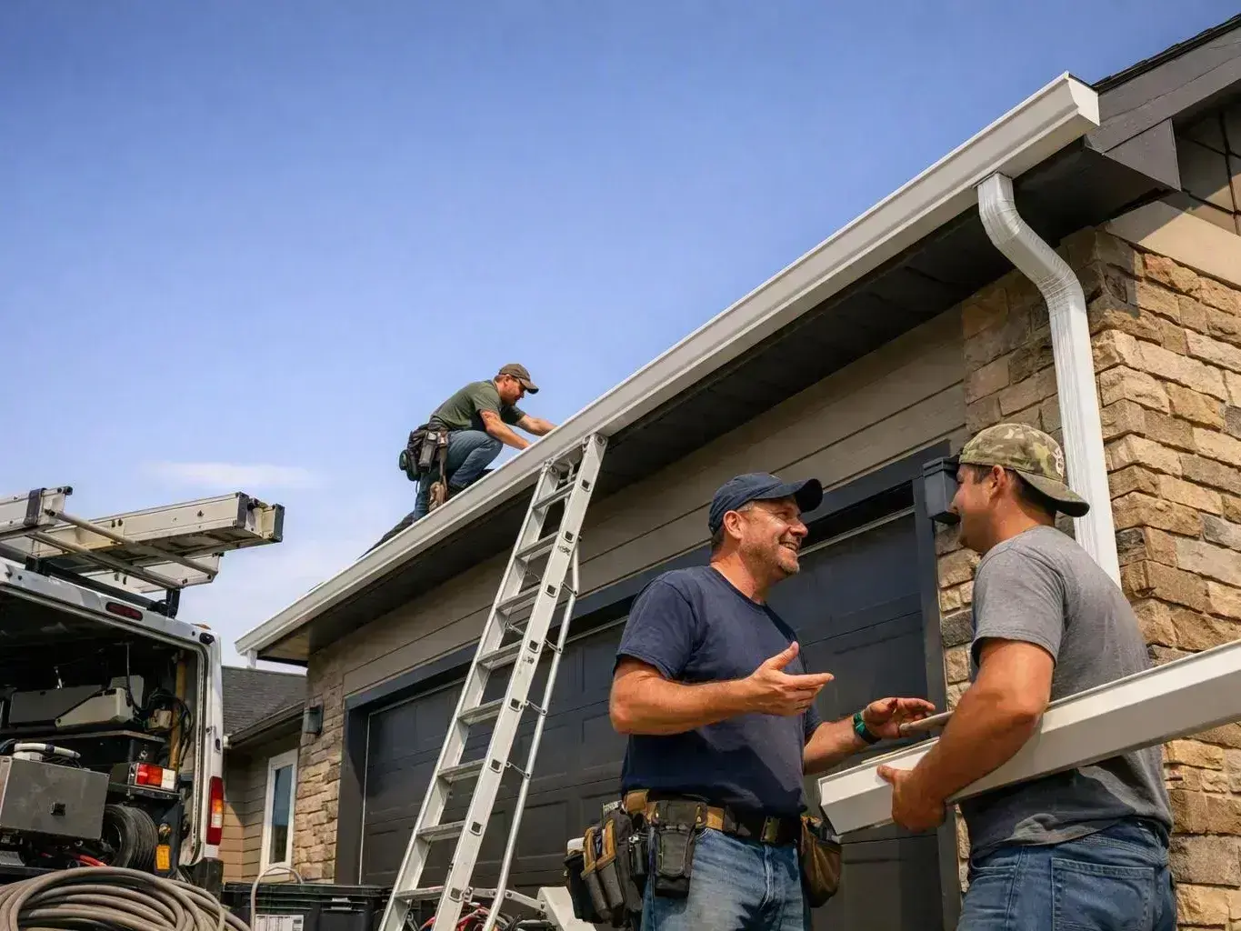 Three workers install gutter parts on a house roof beside a ladder and service truck