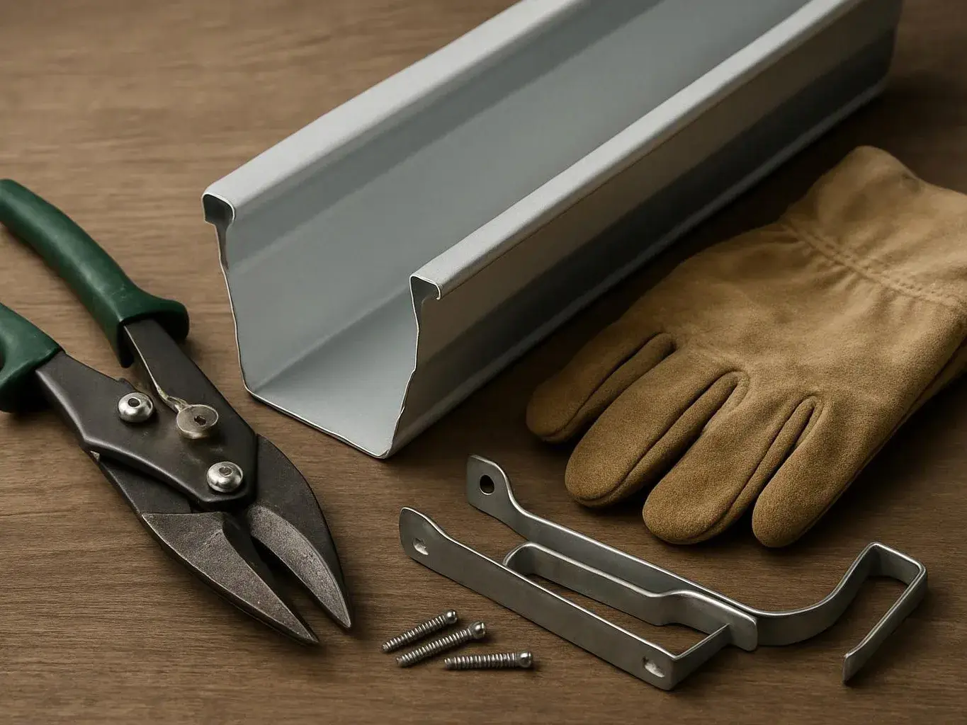 Tin gutter section, snips, gloves, screws, and metal brackets arranged on a wooden surface