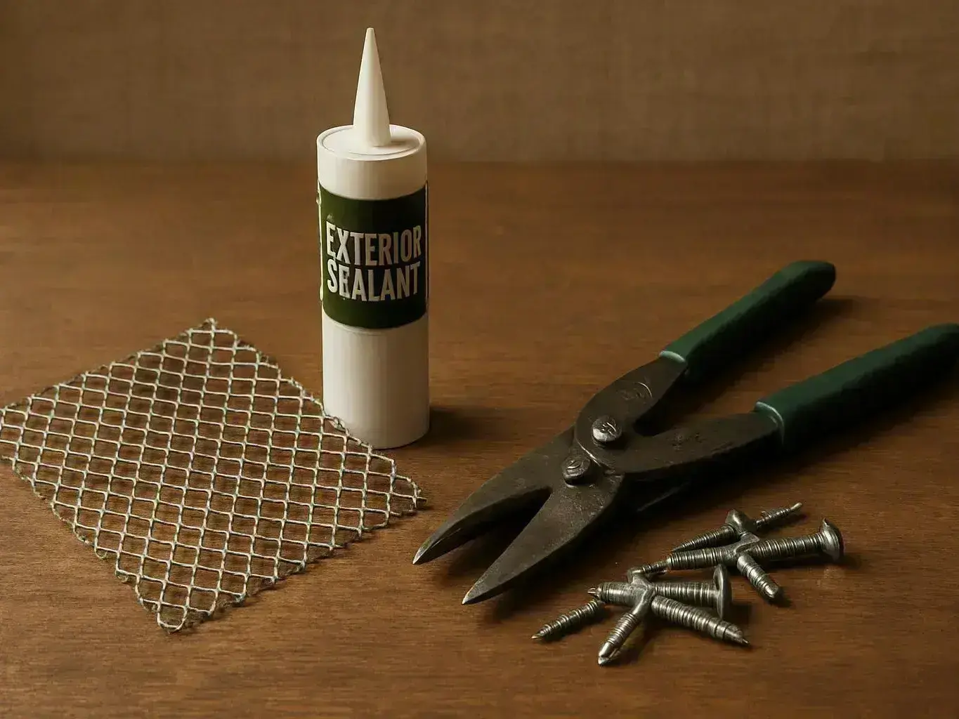 A tube labeled exterior sealant stands beside wire mesh, metal snips, and screws on a wooden surface