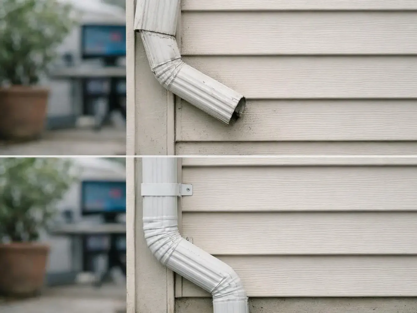 Two close-up views show a white downspout on beige siding, one broken and one patched with a strap
